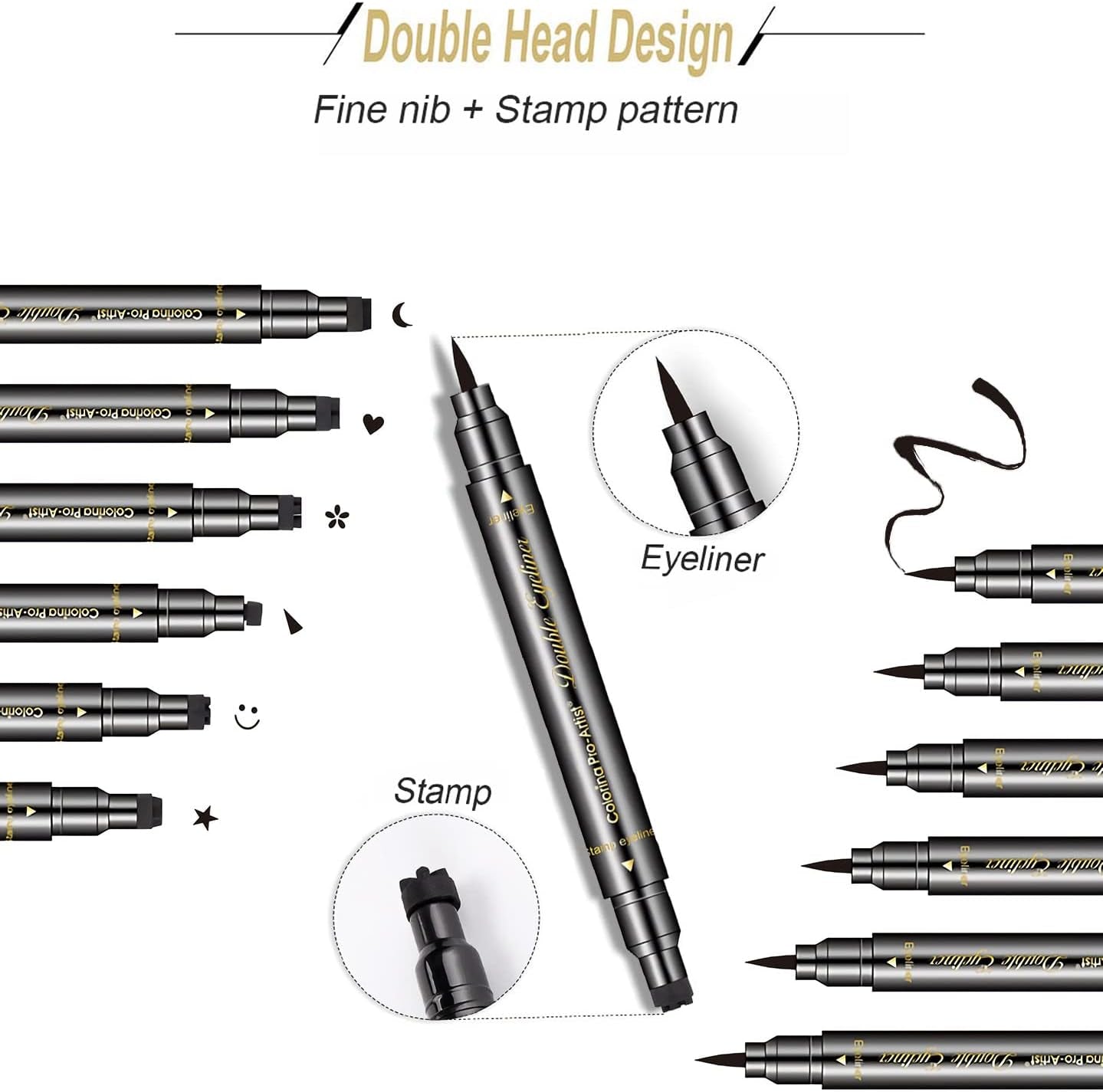 6-Piece Double-Headed Eyeliner Stamp Set - Black Liquid Eyeliner Pens with Star, Moon, Heart, Flower, Smiley, and Triangle Stencils for Women - Long-Lasting, Waterproof, and Smudge-Proof Makeup Kit