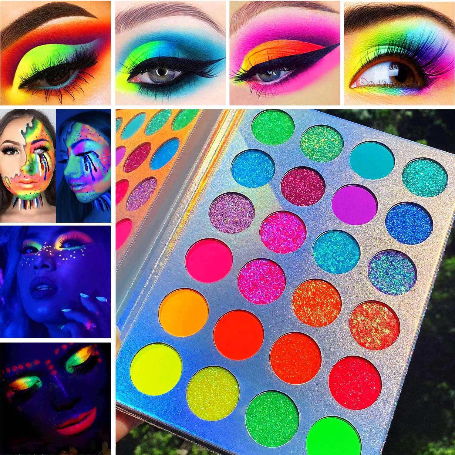 Neon Glow Eyeshadow Palette - Highly Pigmented UV Blacklight Eye Shadow Collection with Pressed Glitter in Red, Orange, and Pink