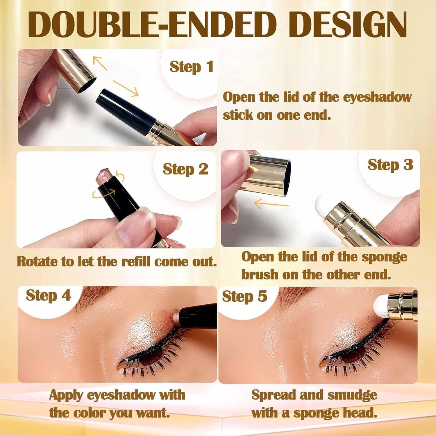 Dual-End Shimmer Eyeshadow Stick with Soft Brush - Waterproof and Long-Lasting Pearl Eyeshadow Pencil in Light Gold Shimmer (02)