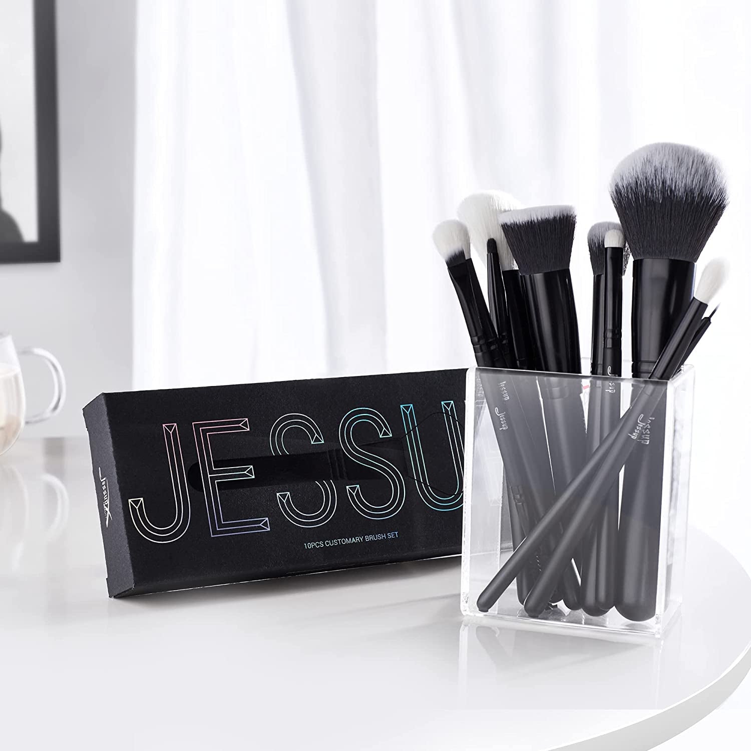 Professional 10-Piece Makeup Brush Set in Black with Natural and Synthetic Hair for Foundation, Blending, Blush, Concealer, Eyeshadow, Eyebrow, and Eyeliner Applications, T323