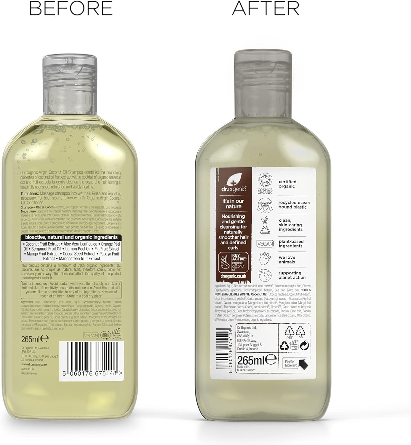 Dr Organic Coconut Oil Shampoo for Hydration - Suitable for Normal and Dry Hair, Unisex, Natural, Vegan, Cruelty-Free, Paraben and SLS-Free, Organic, 265ml (Packaging May Vary)
