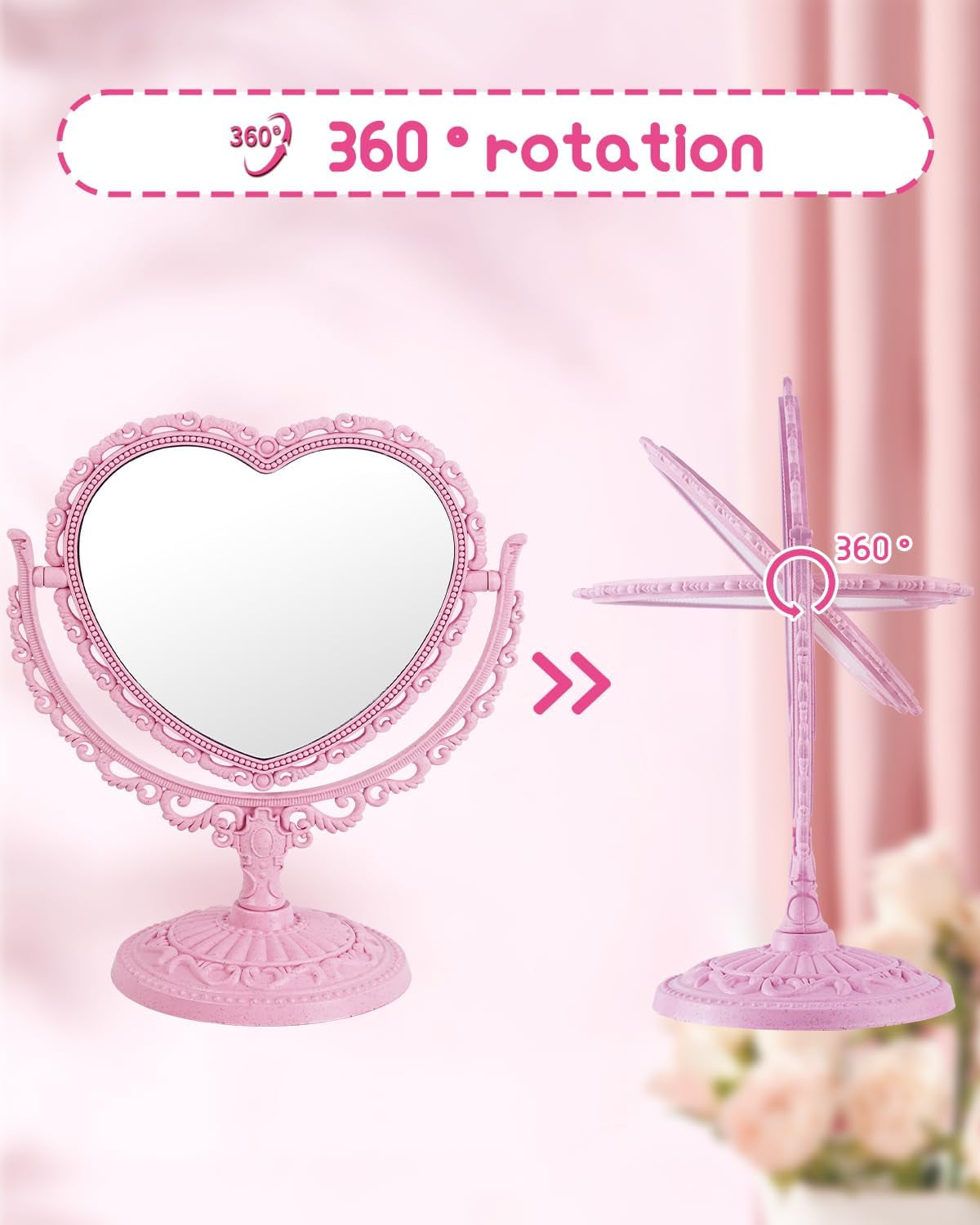 7-Inch Dual-Sided Swivel Vanity Makeup Mirror with 3X Magnification, Decorative Framed European Style, Oval Pink Heart-Shaped Design for Bathroom and Dressing Table