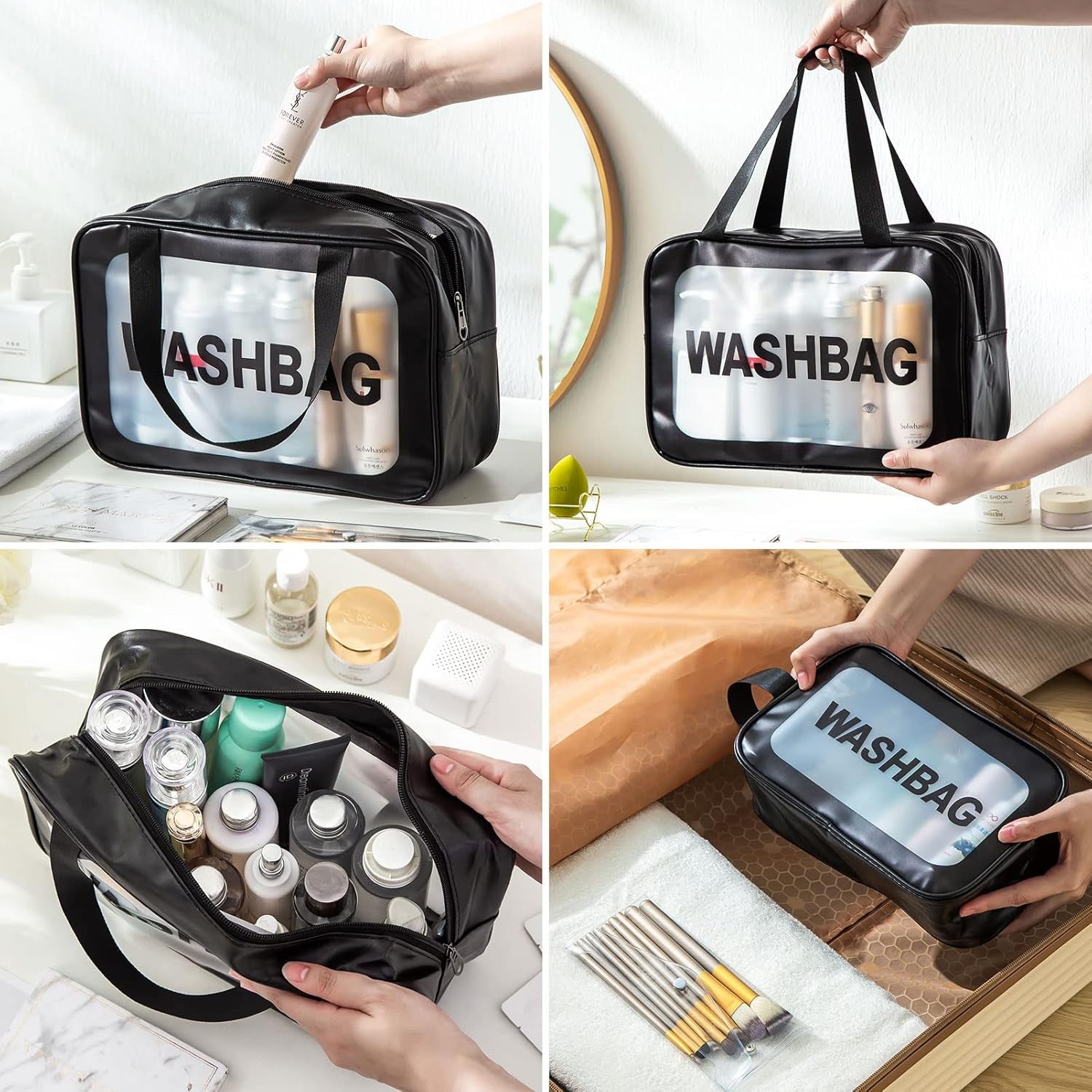 Set of 3 Waterproof Translucent Toiletry Bags with Clear Makeup Bag - Travel Essentials in Three Sizes