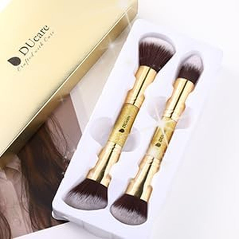 Duo-End Foundation and Contour Makeup Brushes - Synthetic Cosmetic Tools (2 Pieces, Gold)