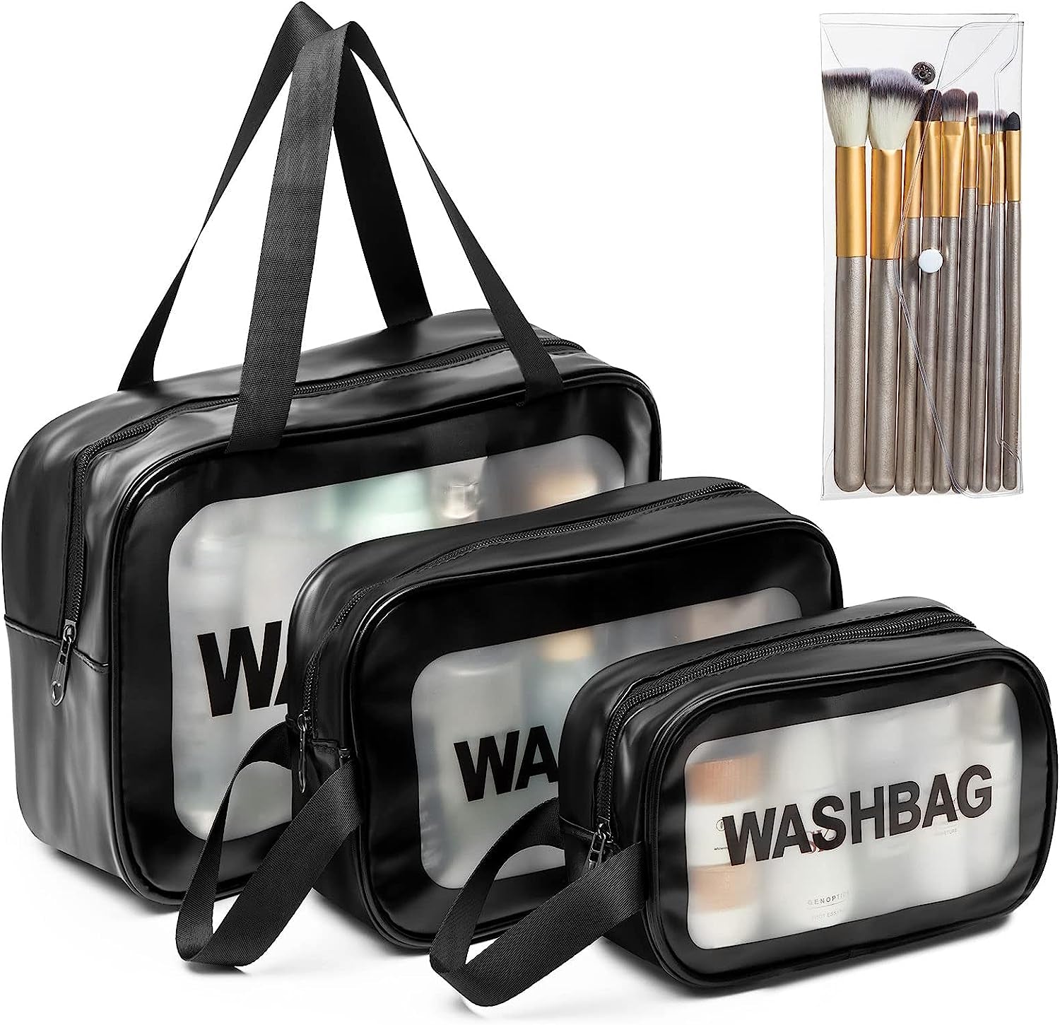 Set of 3 Waterproof Translucent Toiletry Bags with Clear Makeup Bag - Travel Essentials in Three Sizes