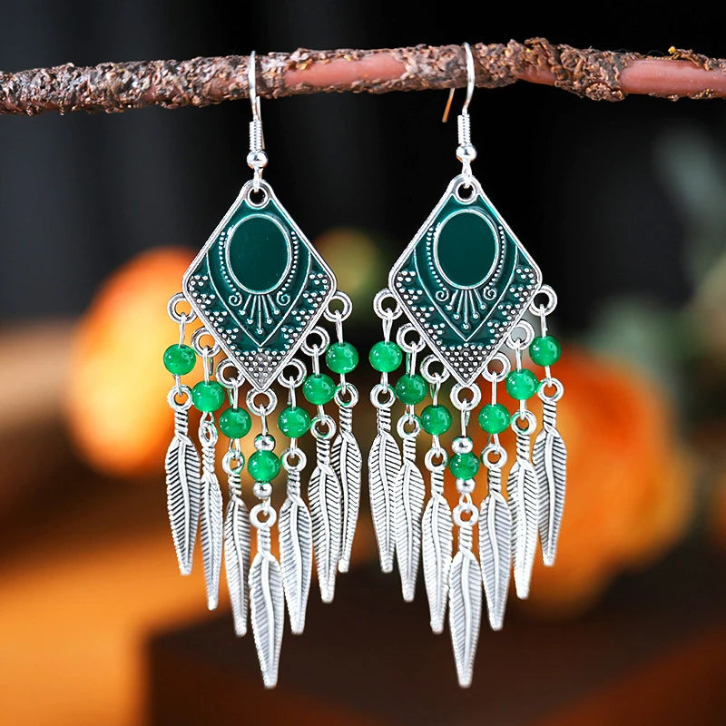 Vintage Ethnic Crystal Drop Oil Dangle Earrings for Women Retro Rhombus Leaf Tassel Earrings Female Vacation Style Jewelry