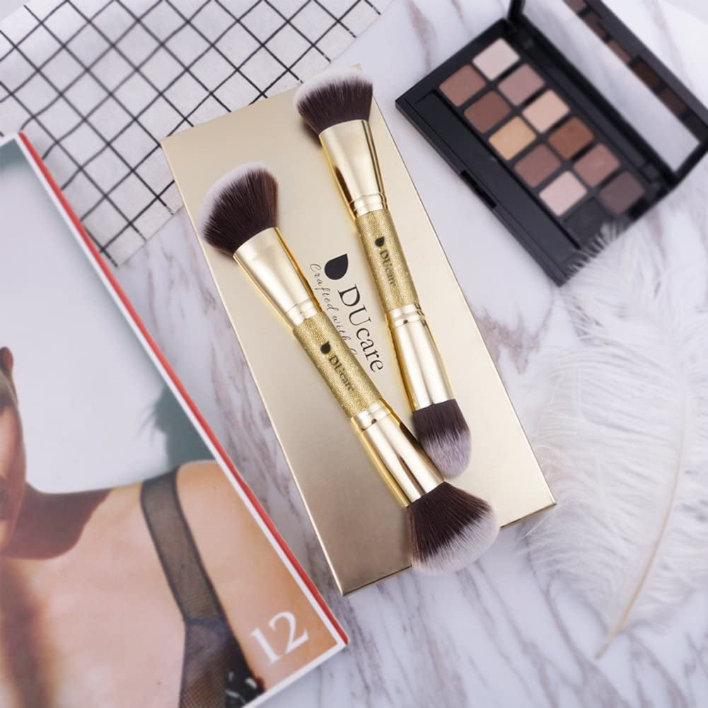 Duo-End Foundation and Contour Makeup Brushes - Synthetic Cosmetic Tools (2 Pieces, Gold)