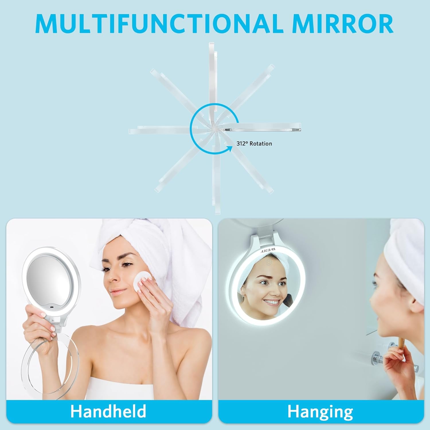 Illuminated Double-Sided Makeup Mirror with 10X/1X Magnification, Touch Control, Rechargeable, and Three Color Light Options for Travel and Home Use