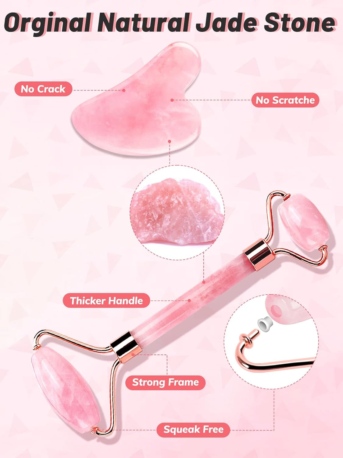 Jade Roller and Gua Sha Tool Set - Authentic Rose Quartz Facial Massager for Anti-Aging, Slimming, and Firming - 100% Natural Jade for Face, Eye, and Neck Care