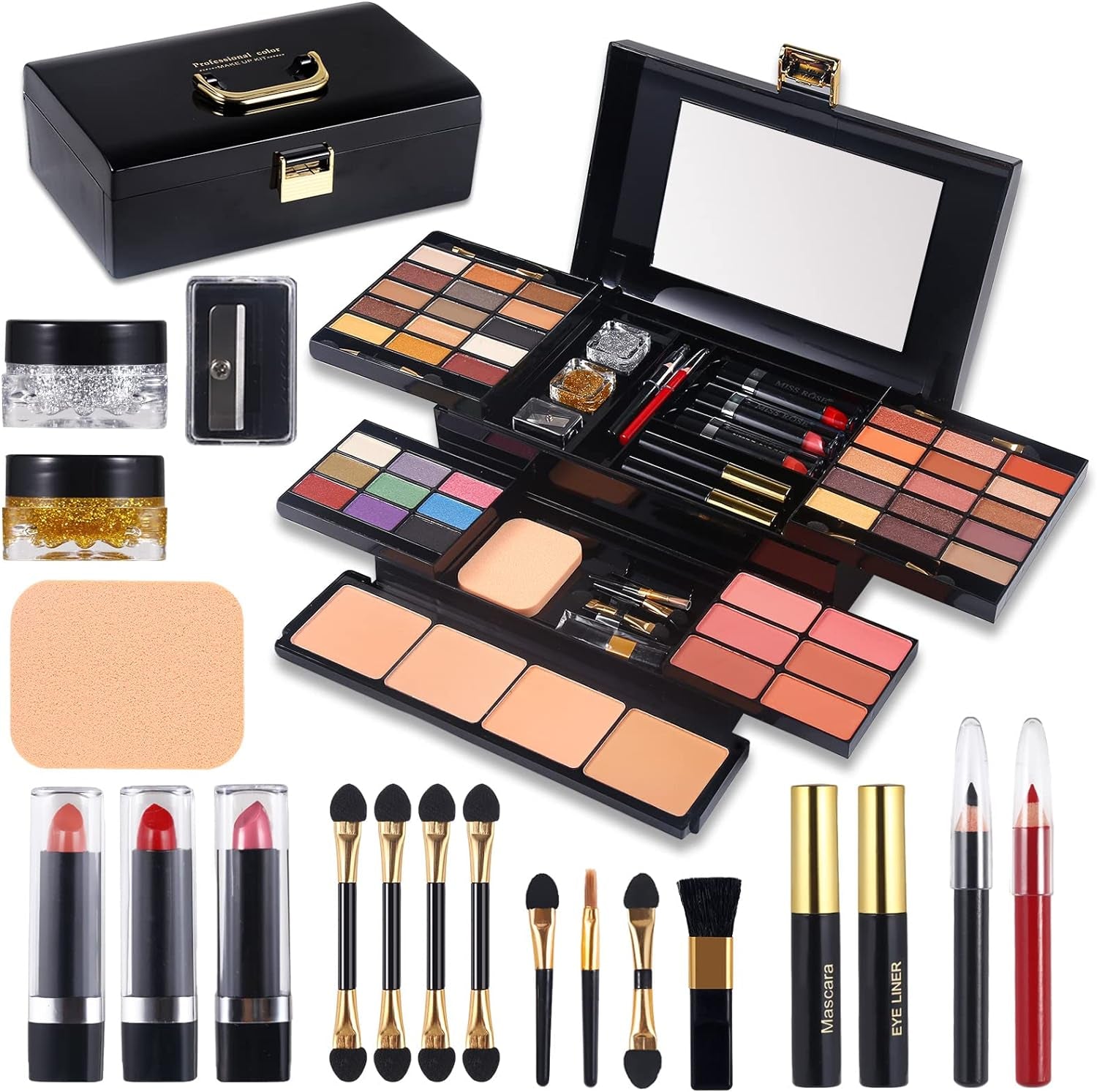 Professional Makeup Kit for Women - Comprehensive 58-Color All-in-One Gift Set with Mirror, Including Eyeshadow, Compact Powder, Blusher, Lipstick, Eyebrow Pencil, Glitter Gel, Eyeliner, and Mascara