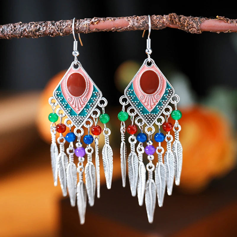 Vintage Ethnic Crystal Drop Oil Dangle Earrings for Women Retro Rhombus Leaf Tassel Earrings Female Vacation Style Jewelry