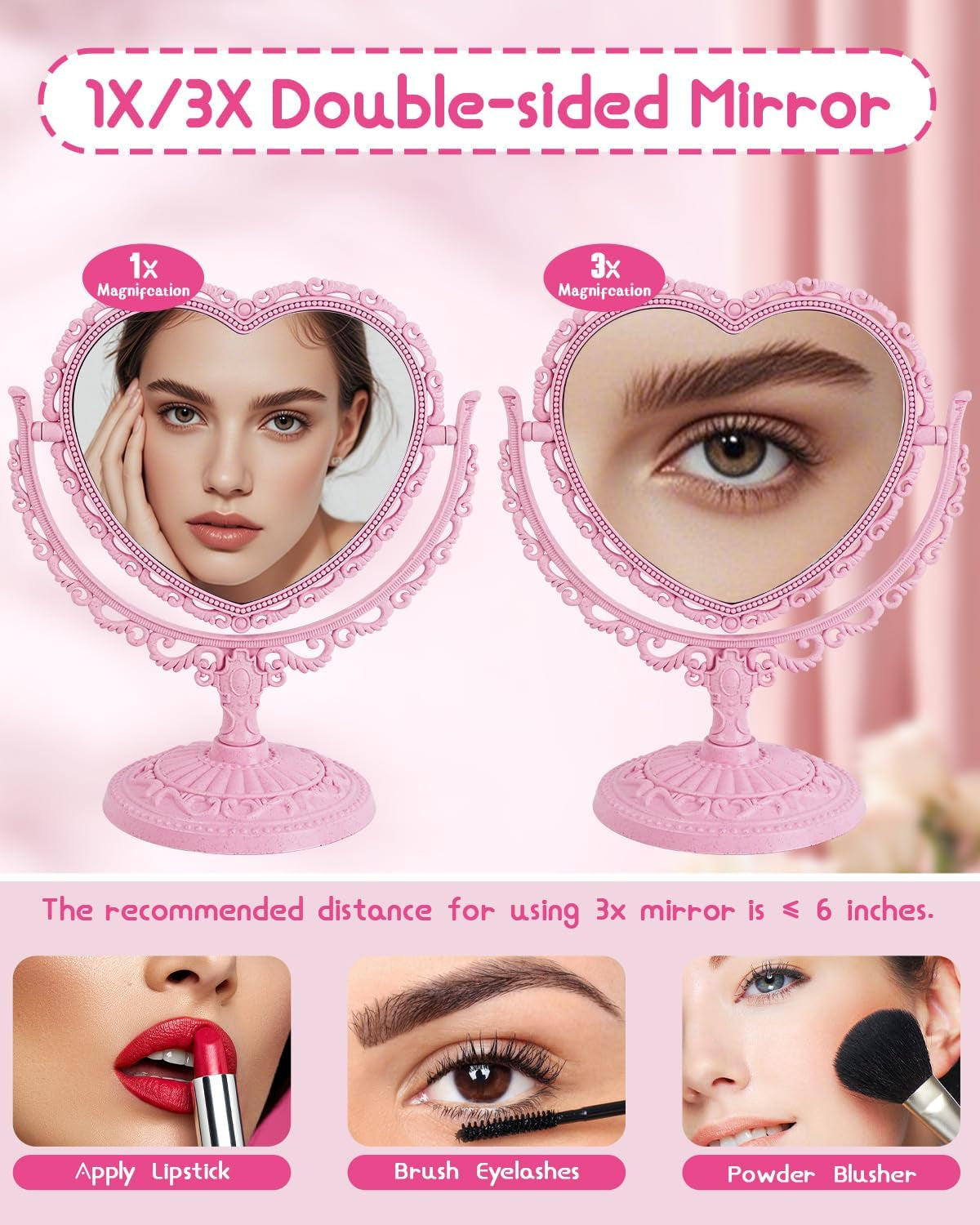 7-Inch Dual-Sided Swivel Vanity Makeup Mirror with 3X Magnification, Decorative Framed European Style, Oval Pink Heart-Shaped Design for Bathroom and Dressing Table