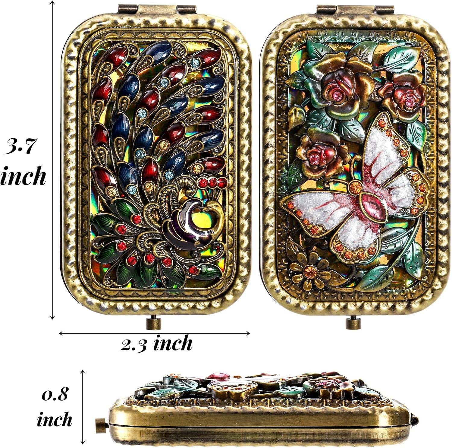 Set of 2 Vintage Foldable Makeup Mirrors - Portable Double-Sided Butterfly Peacock Vanity Mirror - Compact Metal Travel Mirror for Women and Girls