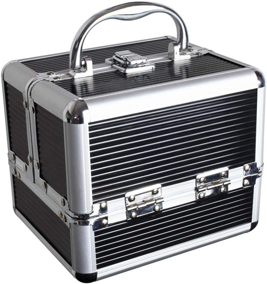 Aluminium Makeup Case with 4 Fold-Out Trays, Spacious Bottom Compartment, and Carry Handle - Black - Compact Size