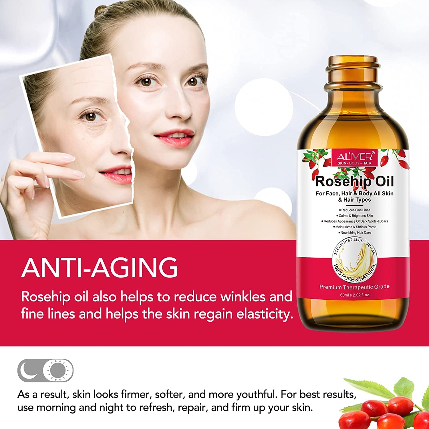 Organic Rosehip Oil for Face (2.02 Fl. Oz) - 100% Pure Cold Pressed Rosehip Seed Oil, Anti-Aging Moisturizer, Skin and Nail Treatment, Nourishing Hair Care
