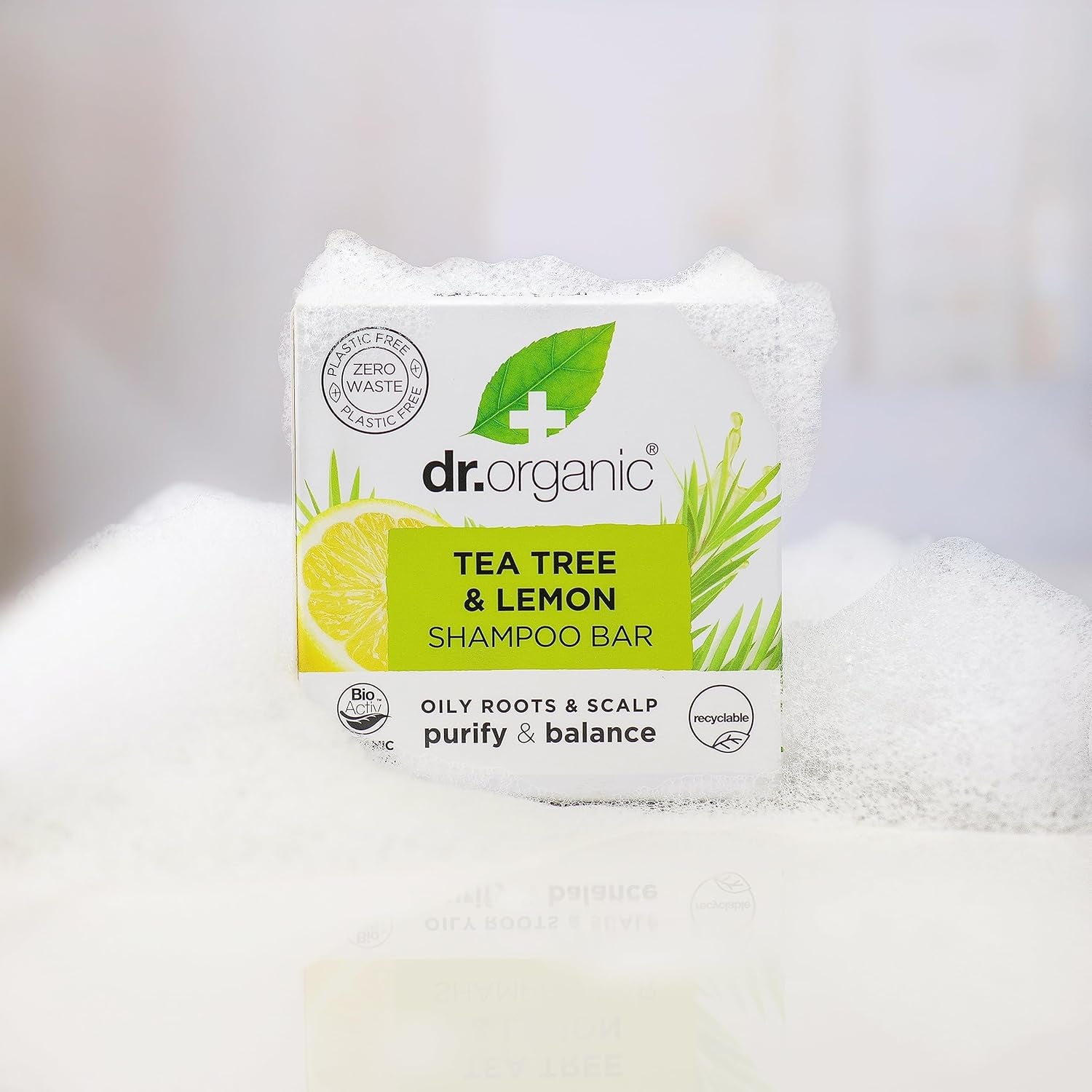 Dr Organic Tea Tree & Lemon Shampoo Bar - Purifying Formula for Oily Roots and Scalps, Plastic-Free, Natural, Vegan, Cruelty-Free, Paraben and SLS-Free, Organic, 75g