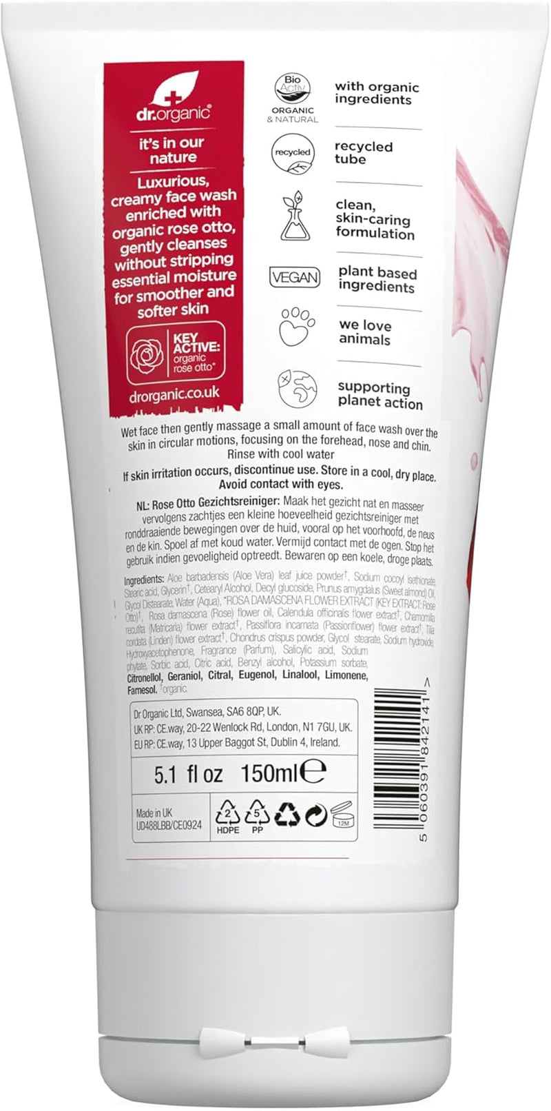 Dr Organic Rose Otto Cleansing Face Wash for Mature Skin - Natural, Vegan, Cruelty-Free, Paraben & SLS-Free, 150ml, Eco-Friendly Packaging