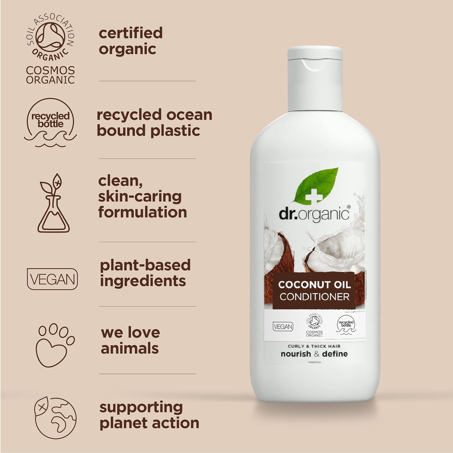 Dr Organic Coconut Oil Conditioner for Normal and Dry Hair, Hydrating Formula, Unisex, Natural, Vegan, Cruelty-Free, Paraben and SLS-Free, Organic, 265ml, Packaging May Vary