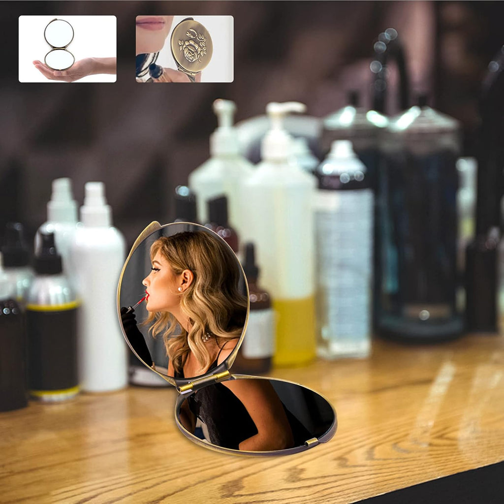 Retro Bronze Metal Compact Mirror with 1X/2X Magnification - Portable and Foldable Travel Accessory