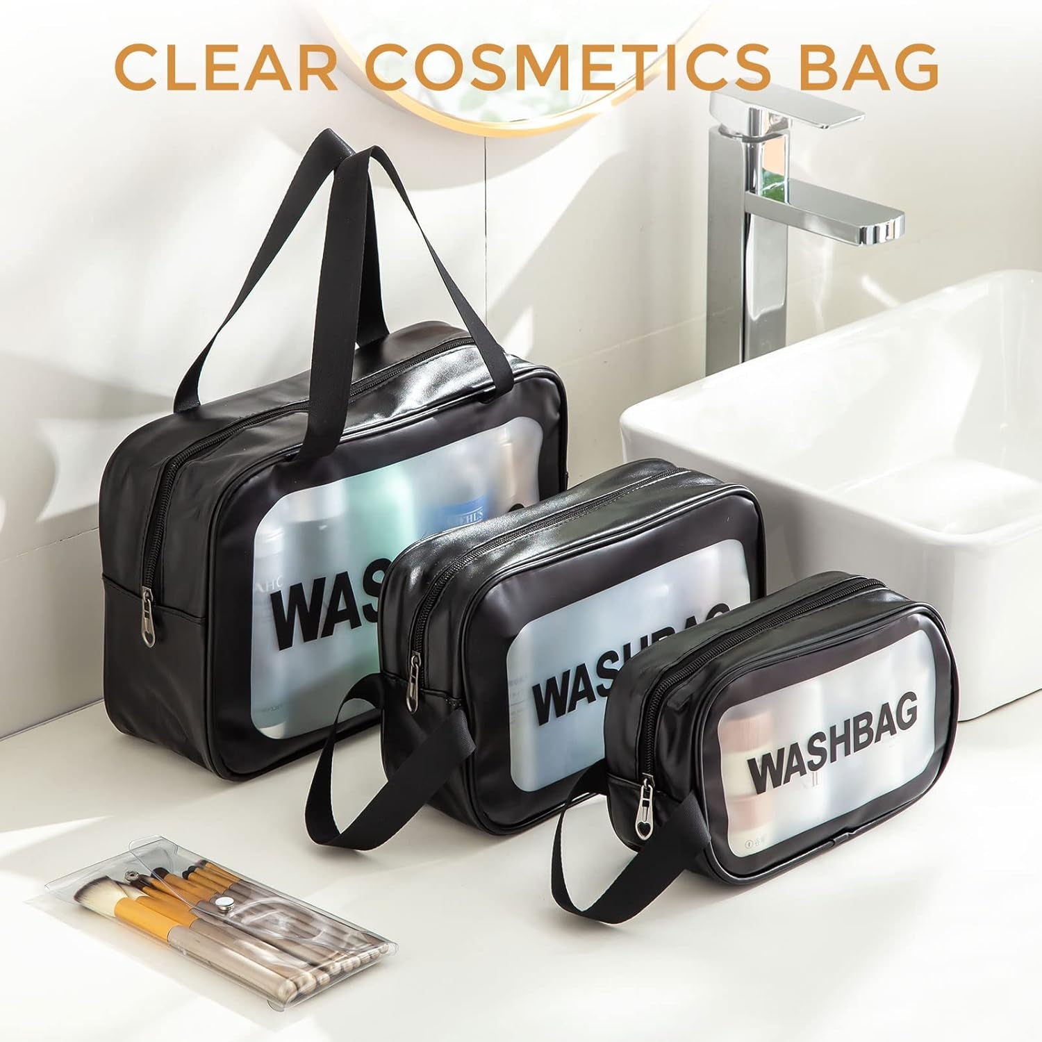 Set of 3 Waterproof Translucent Toiletry Bags with Clear Makeup Bag - Travel Essentials in Three Sizes