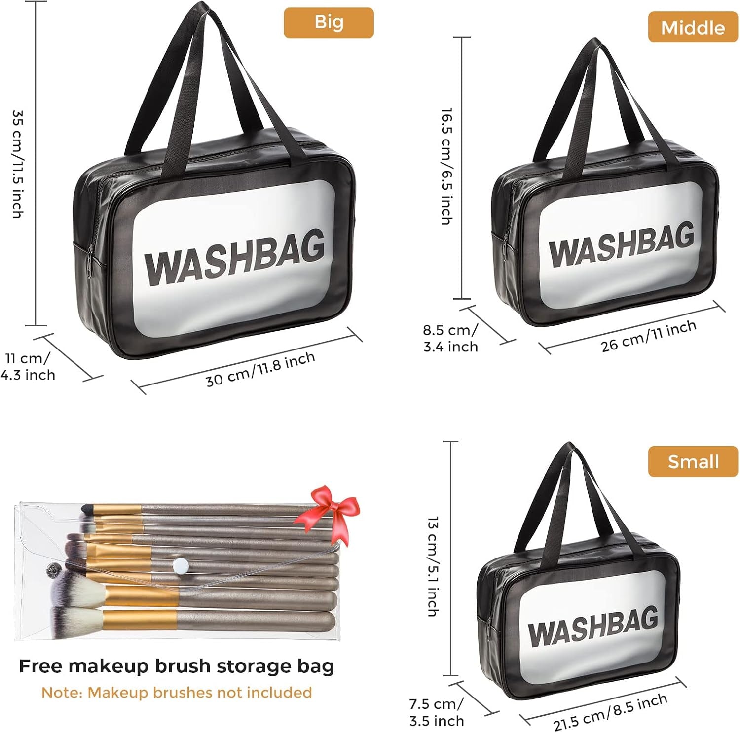 Set of 3 Waterproof Translucent Toiletry Bags with Clear Makeup Bag - Travel Essentials in Three Sizes