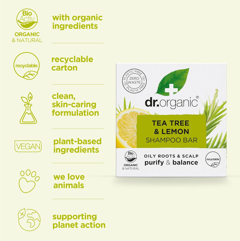Dr Organic Tea Tree & Lemon Shampoo Bar - Purifying Formula for Oily Roots and Scalps, Plastic-Free, Natural, Vegan, Cruelty-Free, Paraben and SLS-Free, Organic, 75g