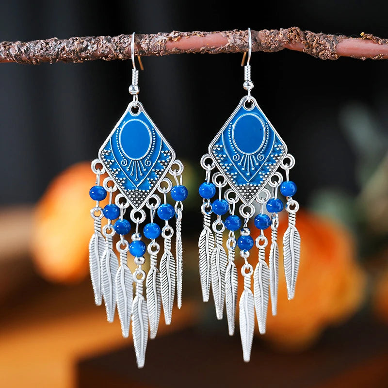 Vintage Ethnic Crystal Drop Oil Dangle Earrings for Women Retro Rhombus Leaf Tassel Earrings Female Vacation Style Jewelry