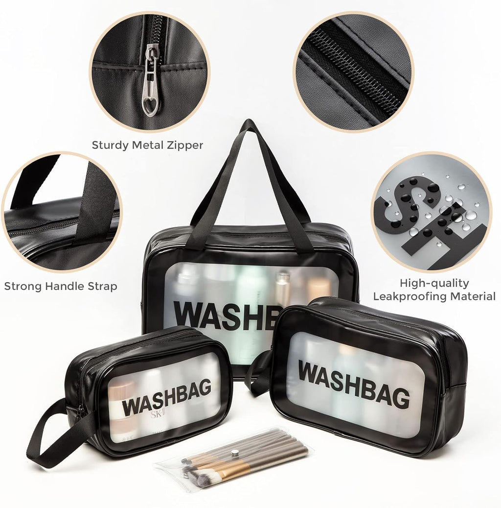 Set of 3 Waterproof Translucent Toiletry Bags with Clear Makeup Bag - Travel Essentials in Three Sizes