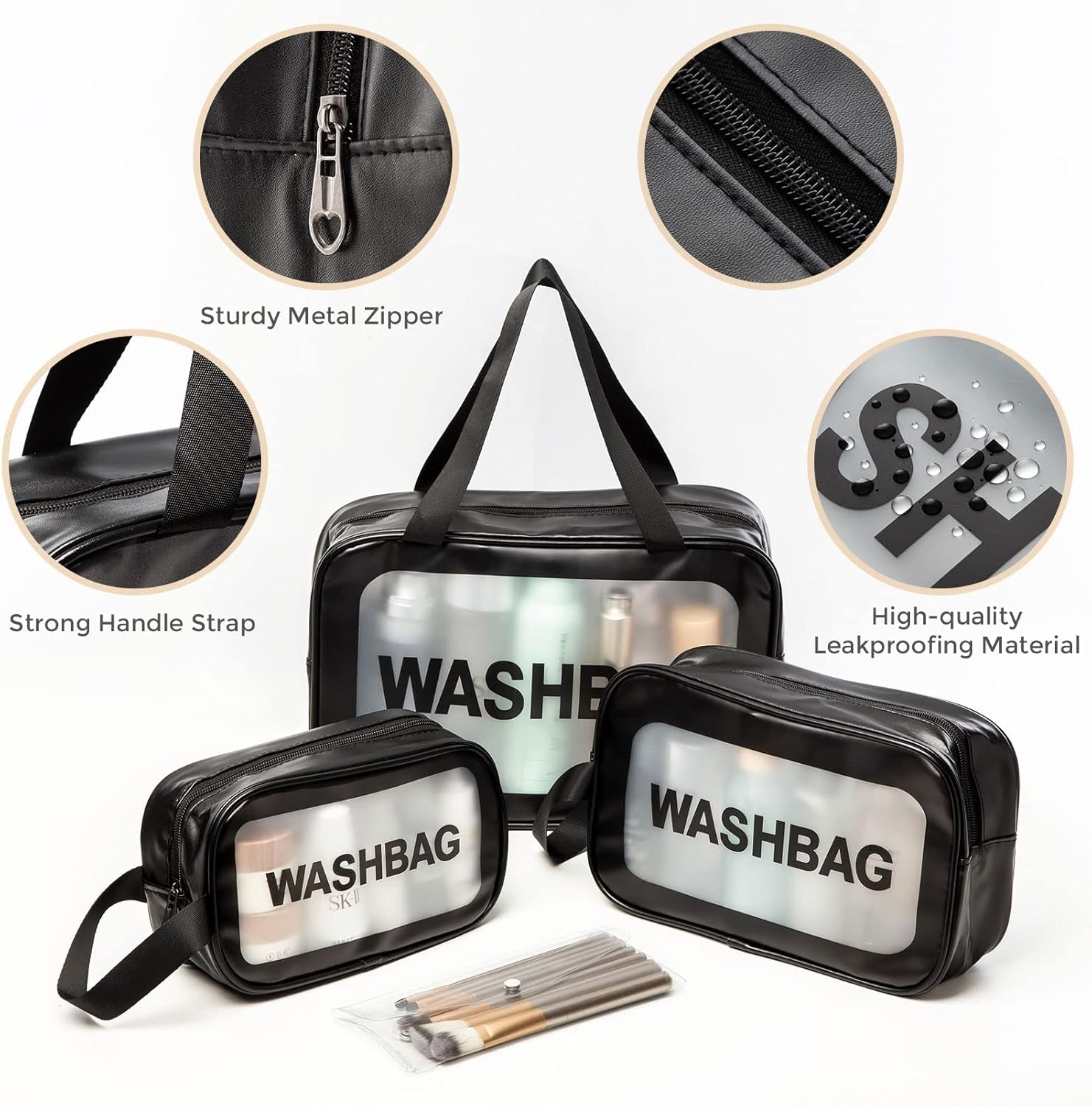 Set of 3 Waterproof Translucent Toiletry Bags with Clear Makeup Bag - Travel Essentials in Three Sizes