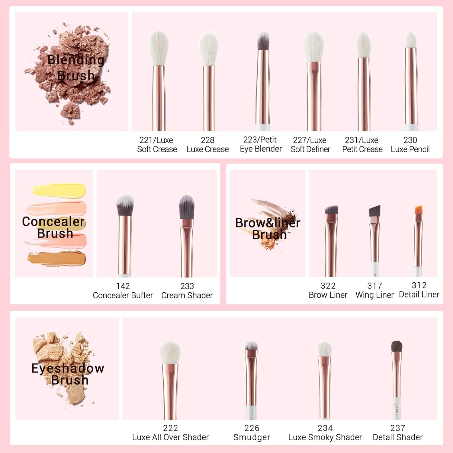 15-Piece Professional Makeup Brush Set with Wood Handles and Natural-Synthetic Hair, Pearl White/Rose Gold Finish, T217