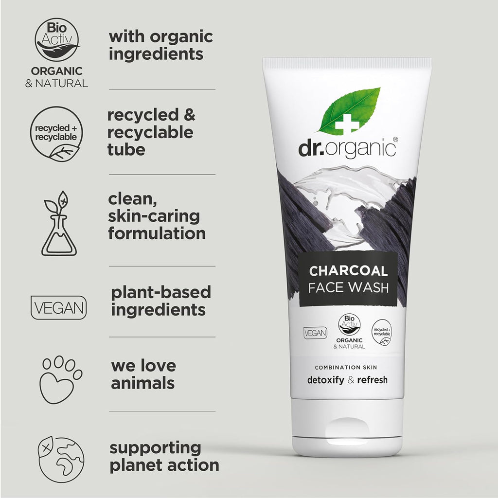 Dr Organic Charcoal Face Wash - Natural Cleansing Solution for Acne and Oily Skin, Vegan, Cruelty-Free, Paraben and SLS-Free, 200ml