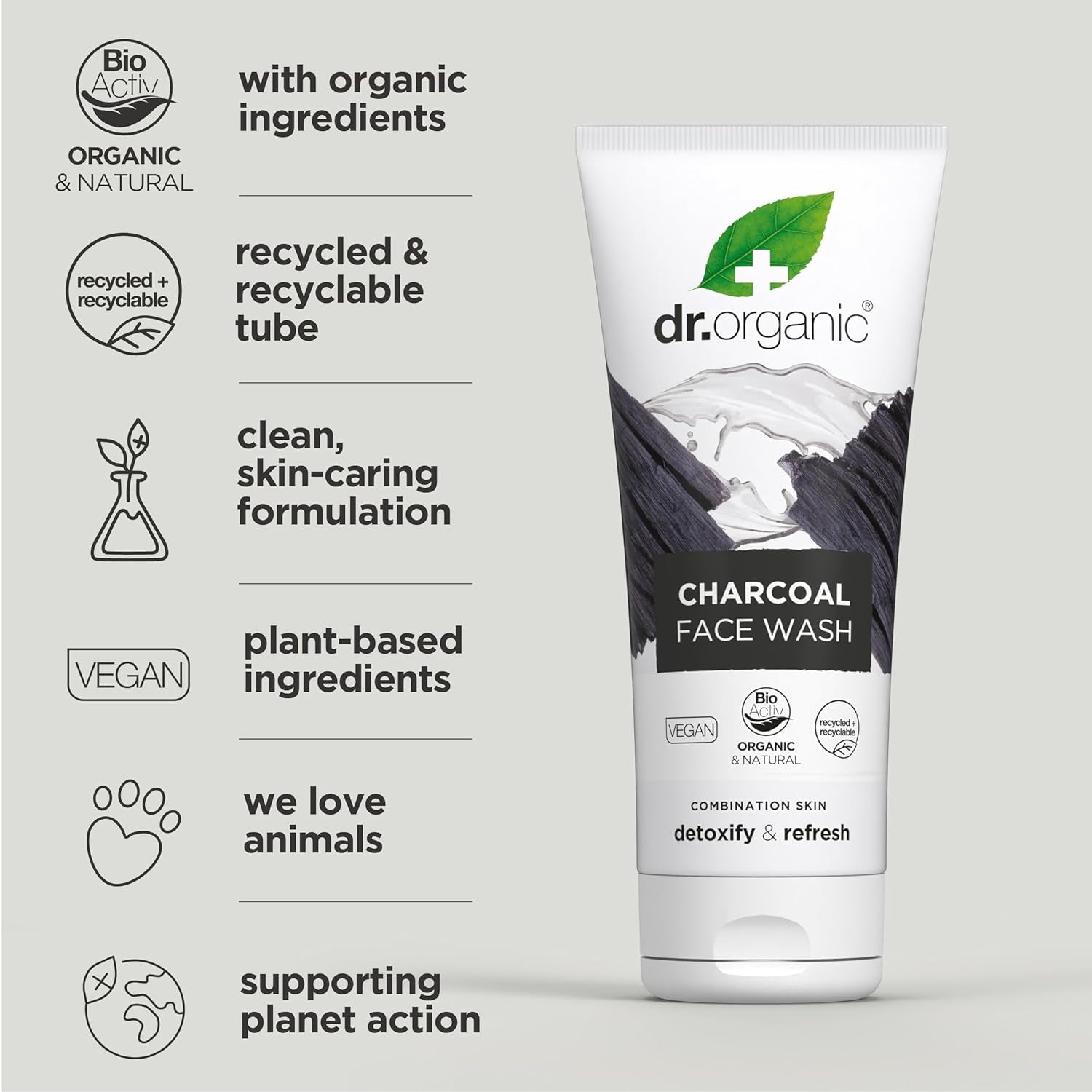 Dr Organic Charcoal Face Wash - Natural Cleansing Solution for Acne and Oily Skin, Vegan, Cruelty-Free, Paraben and SLS-Free, 200ml