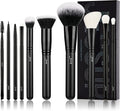 Professional 10-Piece Makeup Brush Set in Black with Natural and Synthetic Hair for Foundation, Blending, Blush, Concealer, Eyeshadow, Eyebrow, and Eyeliner Applications, T323