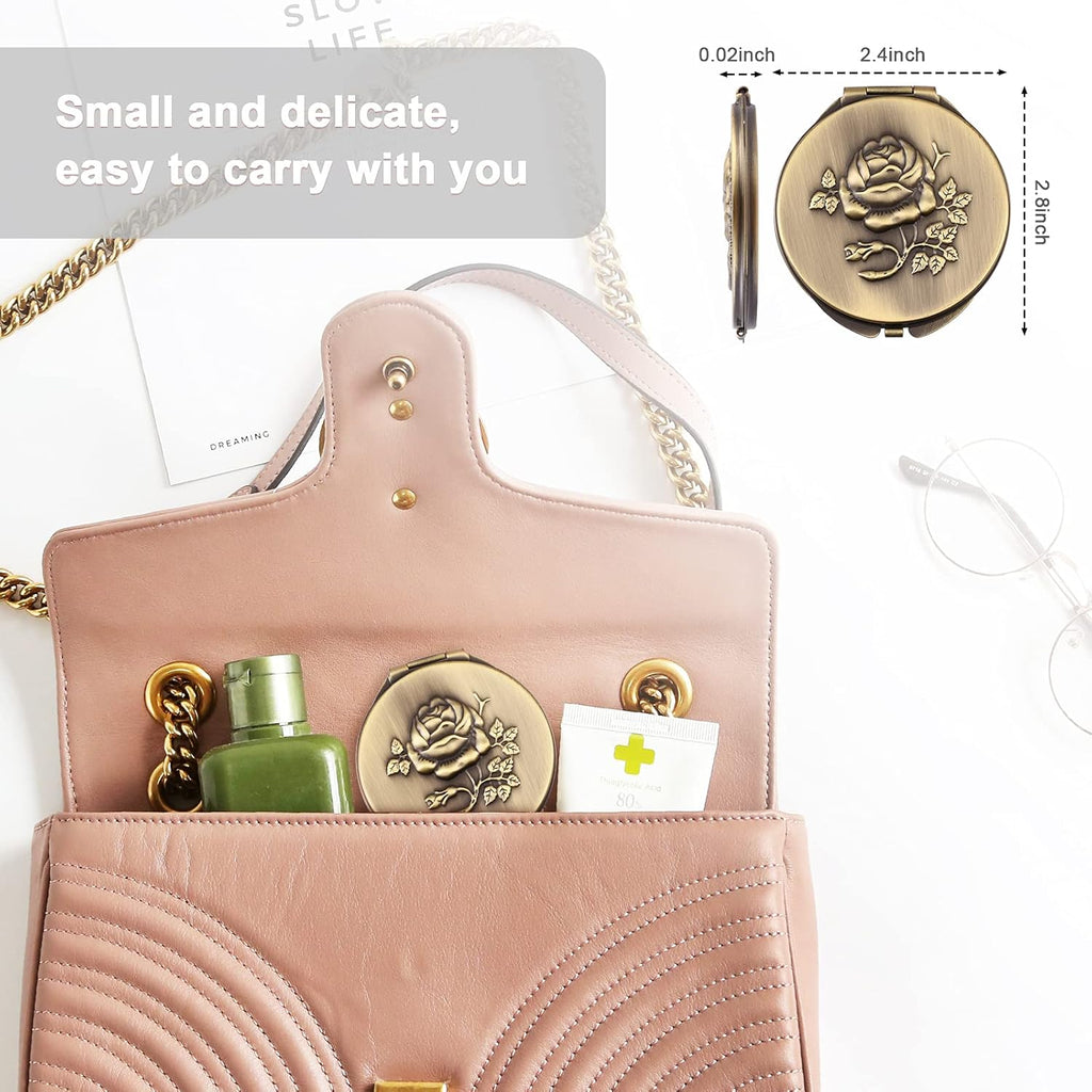 Retro Bronze Metal Compact Mirror with 1X/2X Magnification - Portable and Foldable Travel Accessory