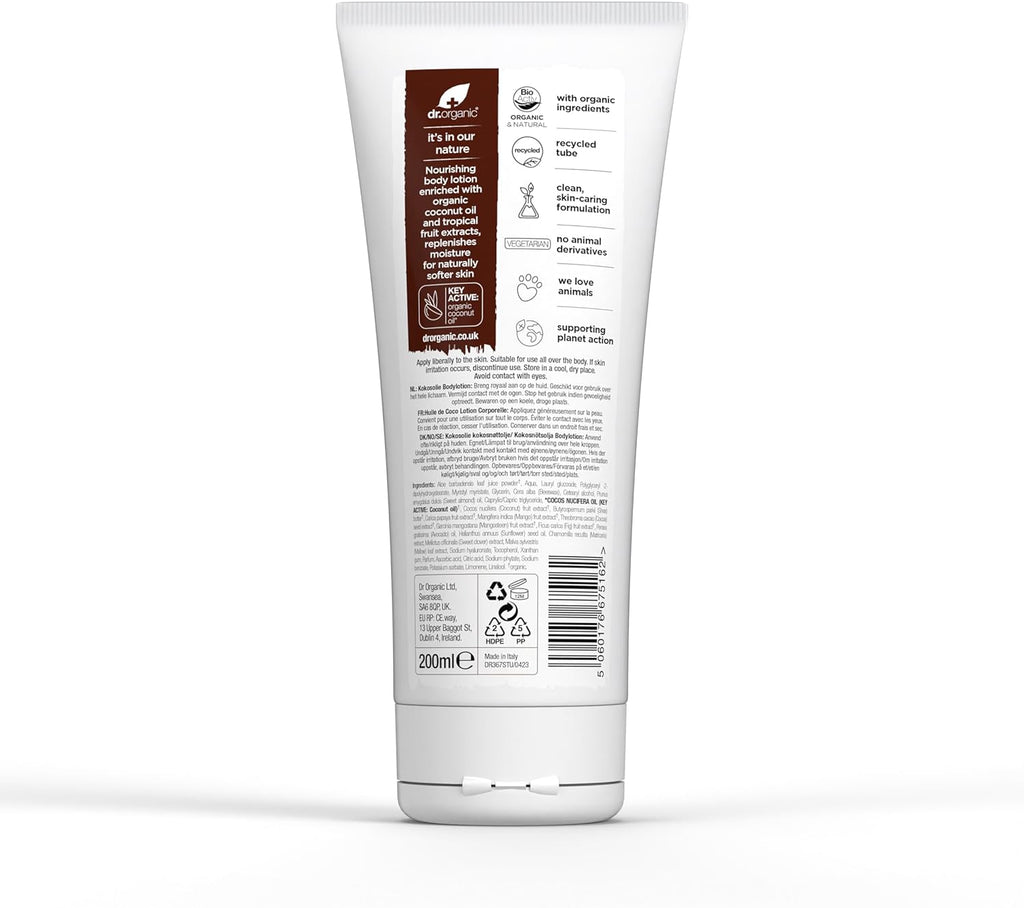 Dr Organic Coconut Oil Moisturizing Lotion for Dry Skin - Unisex, Natural, Vegetarian, Cruelty-Free, Paraben & SLS-Free, Organic, 200ml