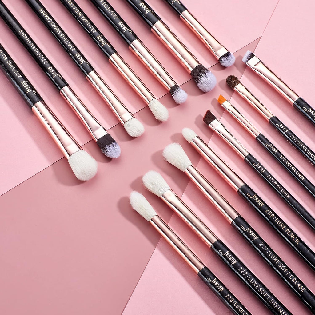 15-Piece Professional Makeup Brush Set with Wood Handles and Natural-Synthetic Hair, Pearl Black/Rose Gold, T157