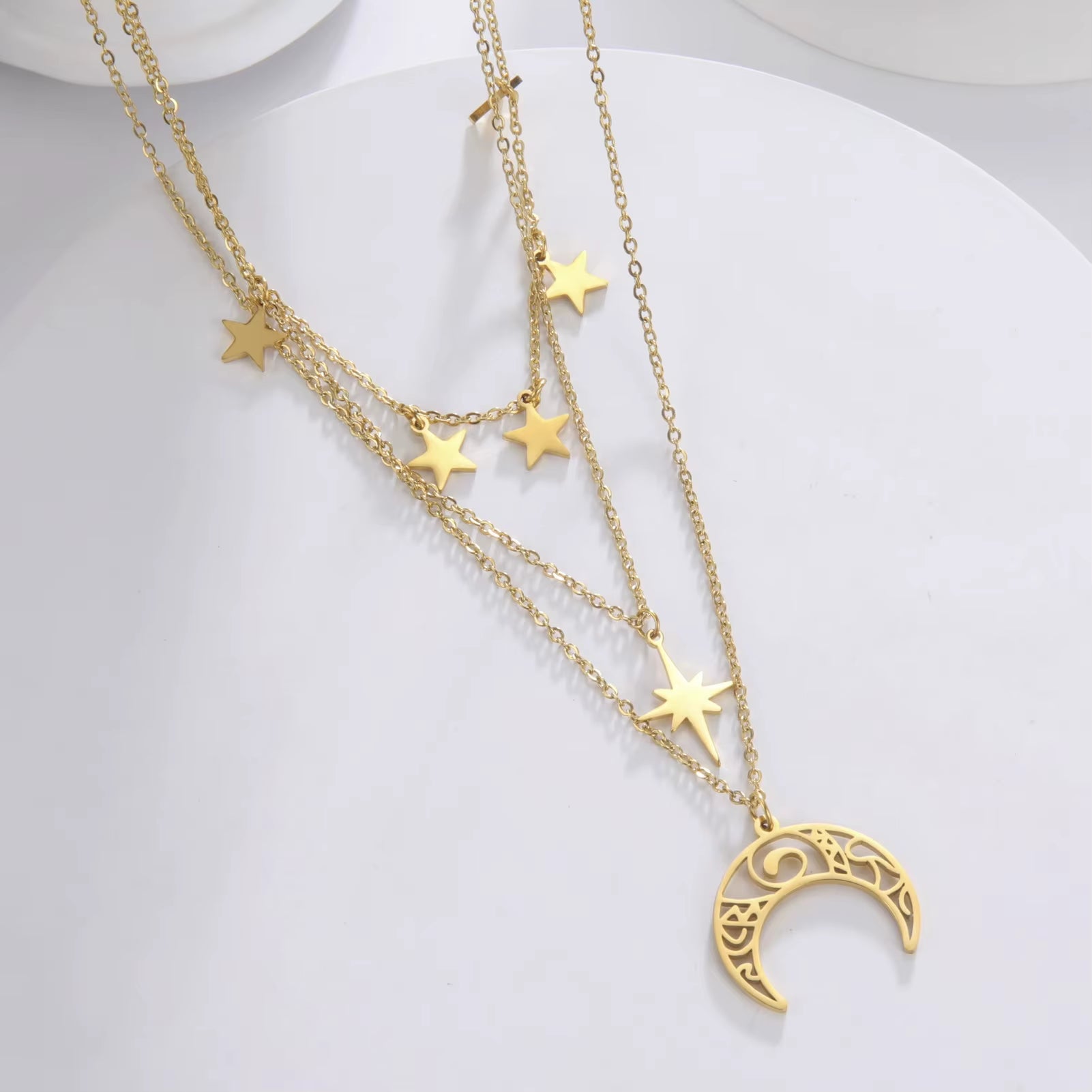 Three Layer Witchy Necklace for Women Star Moon Stainless Steel Necklaces Choker 2025 Layered Jewelry Clavicle Chain Gift