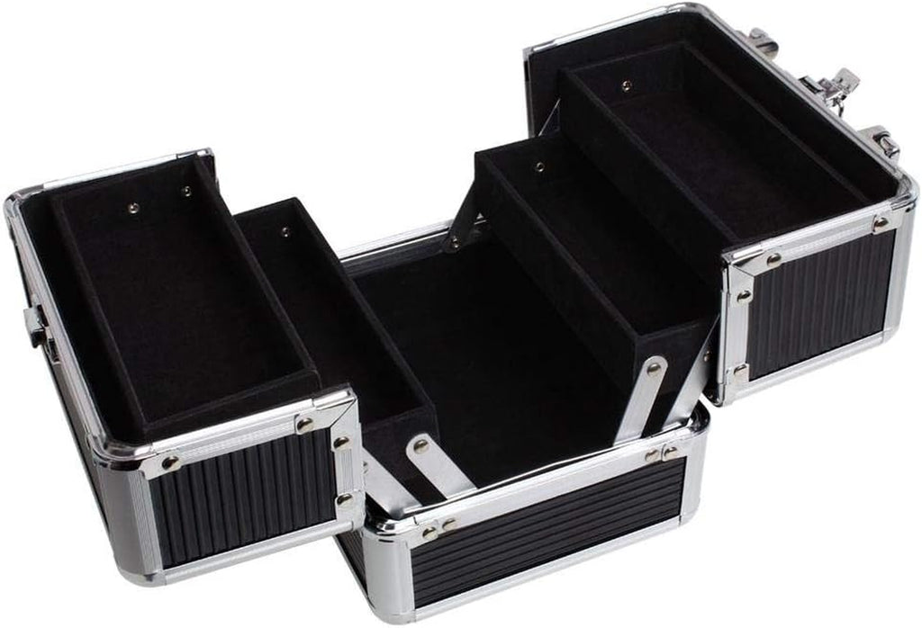 Aluminium Makeup Case with 4 Fold-Out Trays, Spacious Bottom Compartment, and Carry Handle - Black - Compact Size