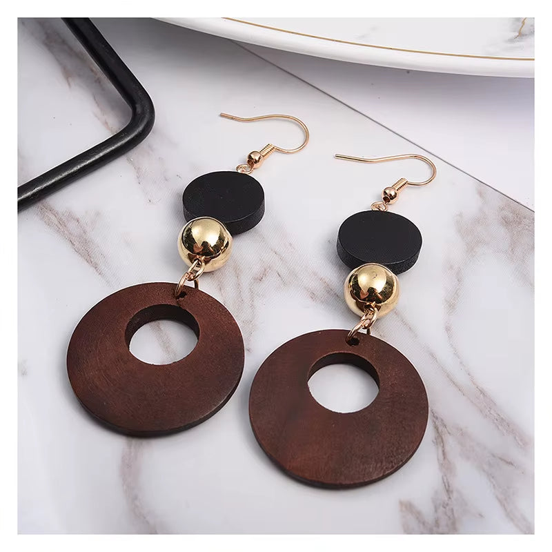 Natural Wood Clip on Earrings for No Pierced Hole Ear for Women Fashion Statement Geometric Earring Korean Girls Jewelry Gift
