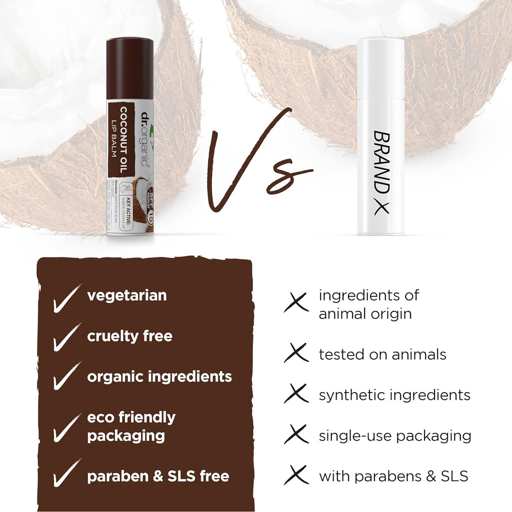 Dr Organic Coconut Oil Lip Balm with SPF 15 - Moisturizing Formula for Men and Women, Natural, Vegetarian, Cruelty-Free, Paraben and SLS-Free, Eco-Friendly Packaging, 5.7ml