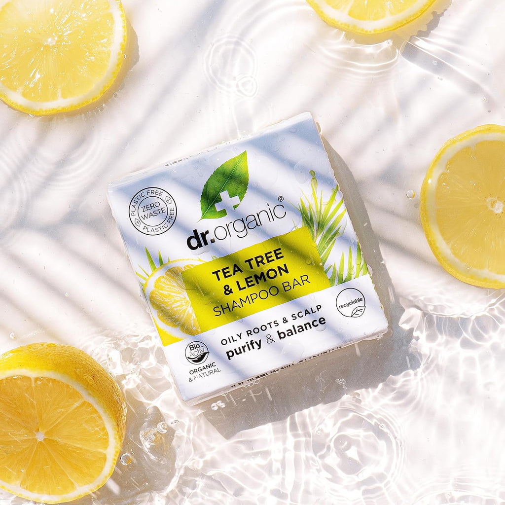 Dr Organic Tea Tree & Lemon Shampoo Bar - Purifying Formula for Oily Roots and Scalps, Plastic-Free, Natural, Vegan, Cruelty-Free, Paraben and SLS-Free, Organic, 75g