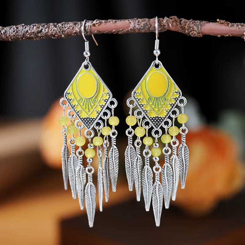 Vintage Ethnic Crystal Drop Oil Dangle Earrings for Women Retro Rhombus Leaf Tassel Earrings Female Vacation Style Jewelry