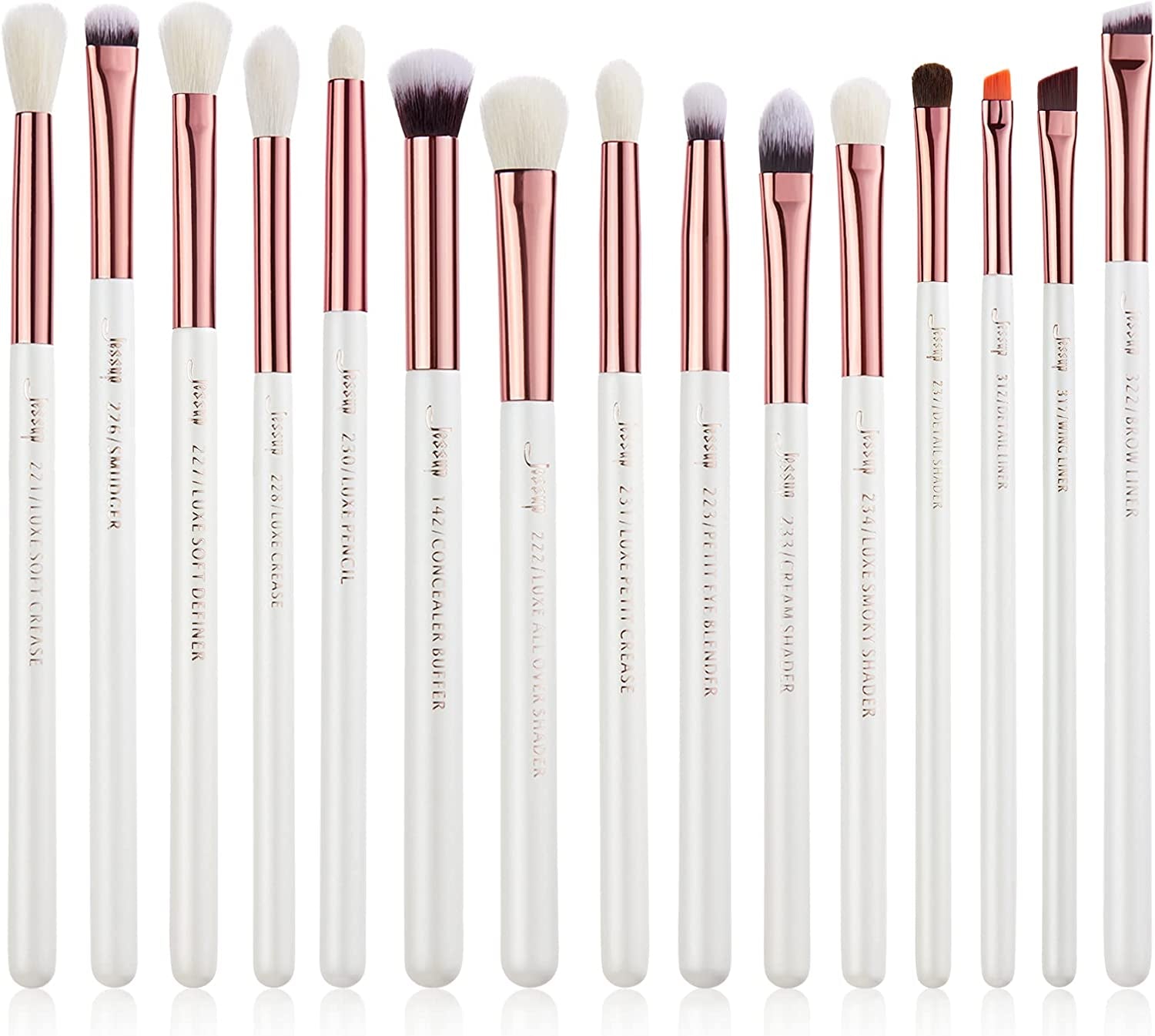 15-Piece Professional Makeup Brush Set with Wood Handles and Natural-Synthetic Hair, Pearl White/Rose Gold Finish, T217