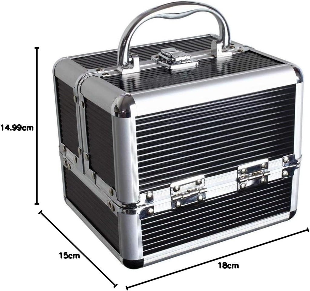 Aluminium Makeup Case with 4 Fold-Out Trays, Spacious Bottom Compartment, and Carry Handle - Black - Compact Size