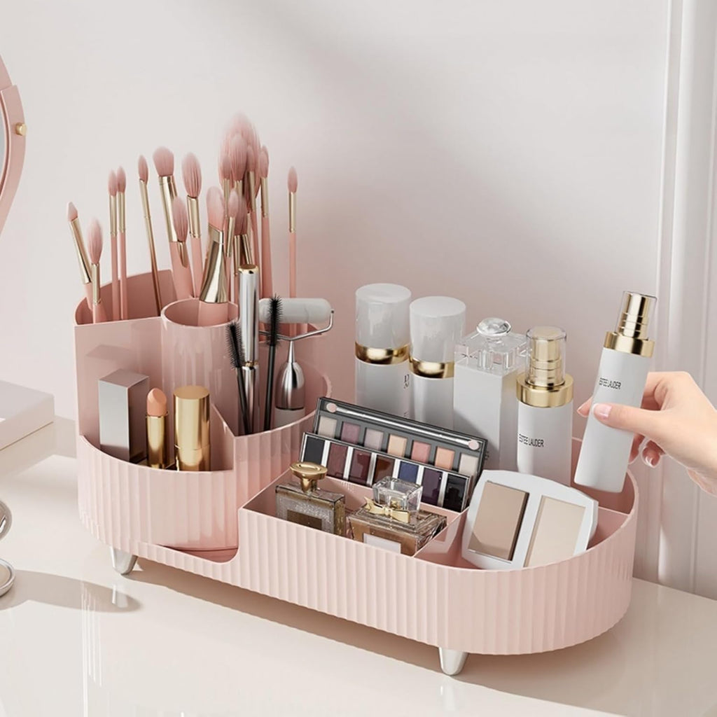 Large Capacity Rotating Makeup Organizer - Elegant Cosmetic Display Case for Makeup Brushes, Lipsticks, and Skincare Products (Pink)