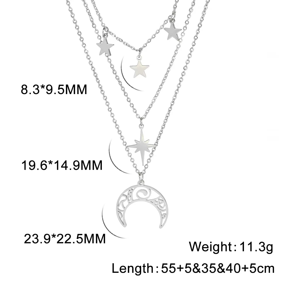 Three Layer Witchy Necklace for Women Star Moon Stainless Steel Necklaces Choker 2025 Layered Jewelry Clavicle Chain Gift
