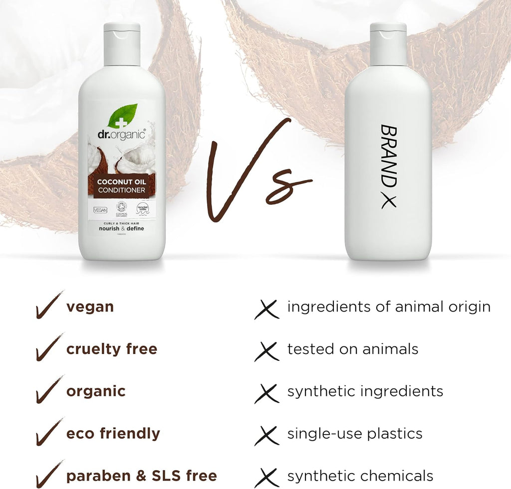 Dr Organic Coconut Oil Conditioner for Normal and Dry Hair, Hydrating Formula, Unisex, Natural, Vegan, Cruelty-Free, Paraben and SLS-Free, Organic, 265ml, Packaging May Vary
