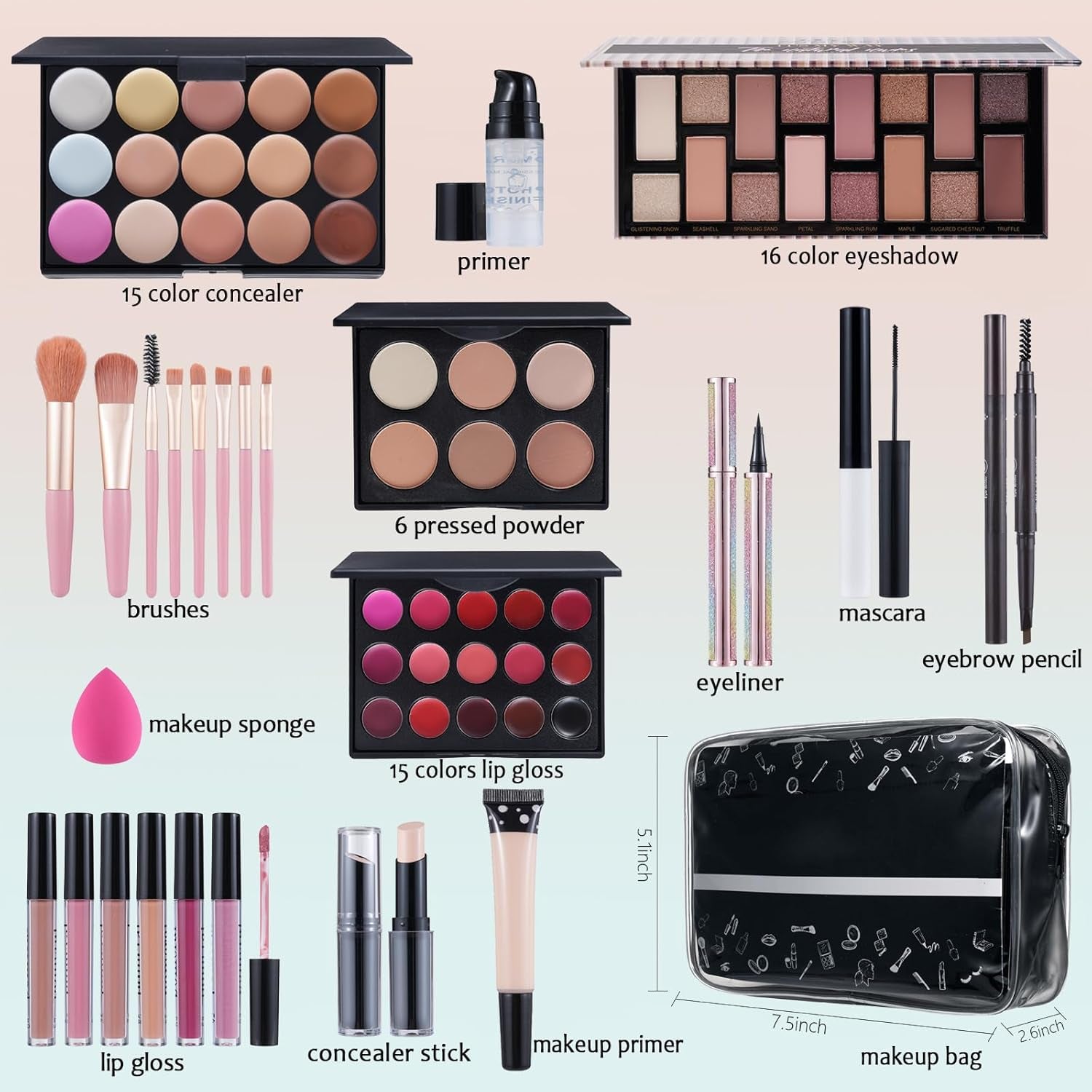 Comprehensive Makeup Kit for Women and Teens - Includes Eyeshadow, Lip Gloss, Lipstick, Makeup Brushes, Eyebrow Pencil, Eyeliner, Liquid Concealer, Foundation Primer, and Makeup Bag