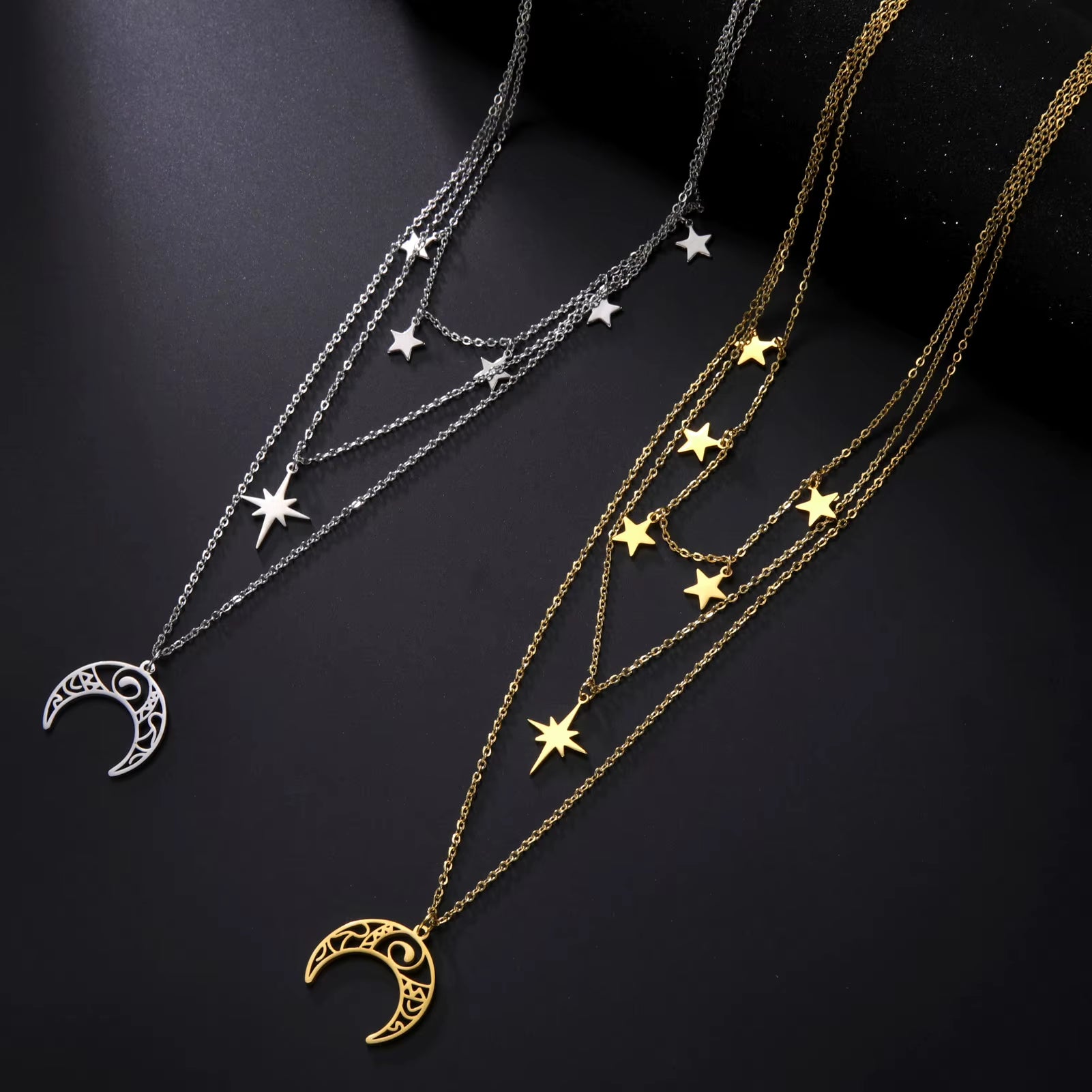 Three Layer Witchy Necklace for Women Star Moon Stainless Steel Necklaces Choker 2025 Layered Jewelry Clavicle Chain Gift