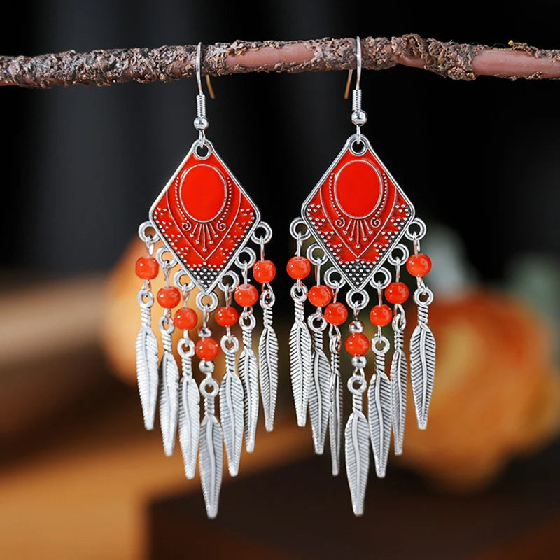 Vintage Ethnic Crystal Drop Oil Dangle Earrings for Women Retro Rhombus Leaf Tassel Earrings Female Vacation Style Jewelry